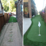 Before And After Artificial Grass Installation On House Pathways