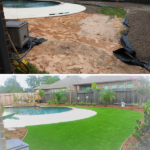 Before And After Artificial Grass Installation On A Pool Surroundings