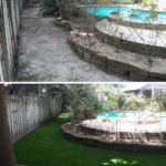 Before And After Artificial Grass Installation On A Pool Setting